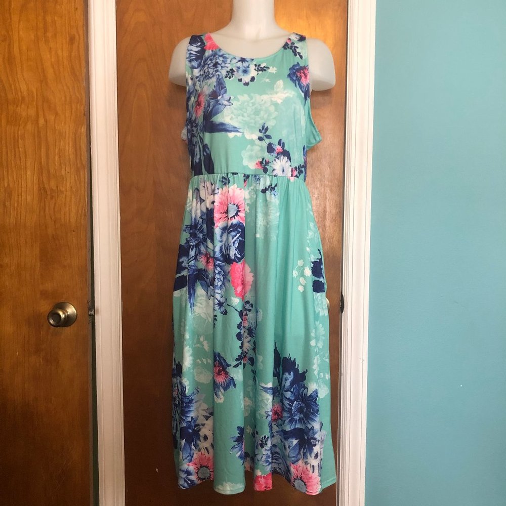 OURS FLORAL AQUA RACERBACK KNEE LENGTH SOFT DRESS